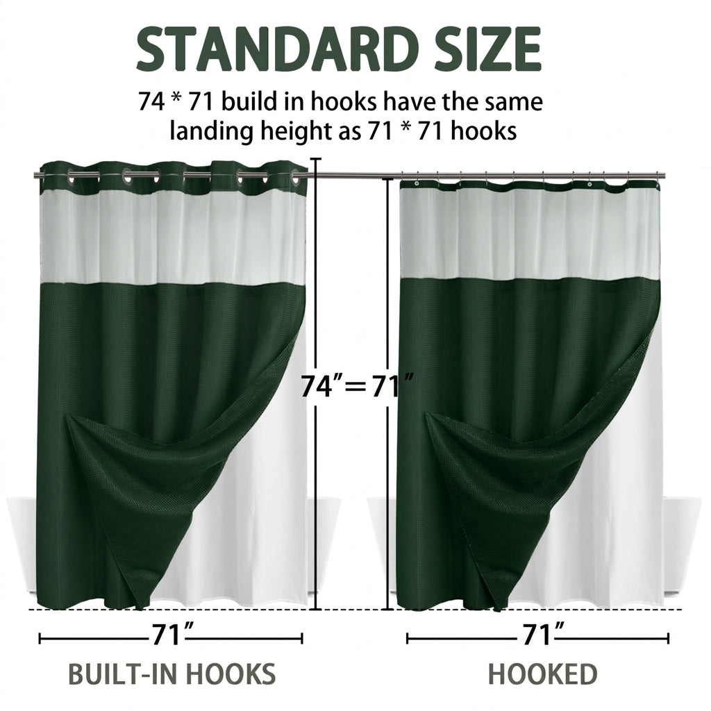 Hookless Shower Curtain with Built-In Snap Liner Waffle Weave Polyester Bathroom Curtain Easy Install No Rings Needed Quick Change Design