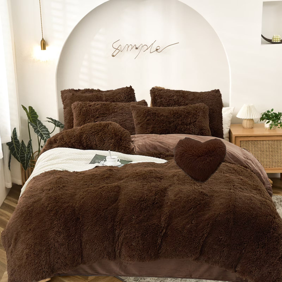 Reversible Faux Fur Duvet Cover Set - Plush Shaggy & Velvet 4-Piece Bedding - Full Queen King