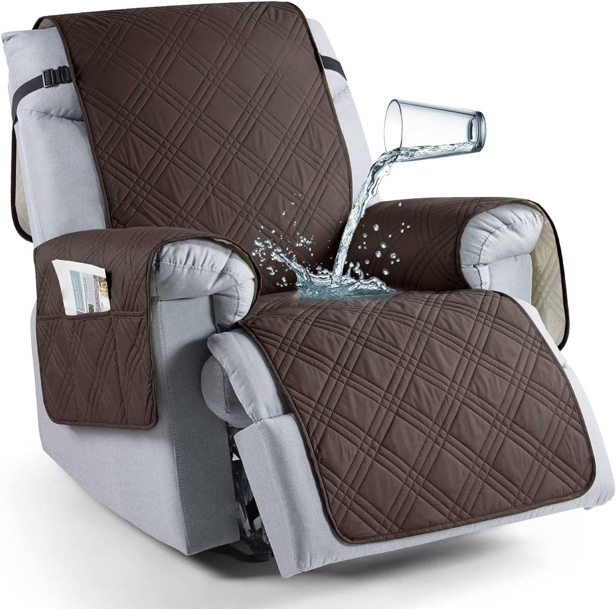 Recliner Protector with Waterproof Layers, Side Pockets & Non-Slip Grip for Pets, Spills & Family Use