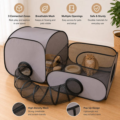 Ortekor Indoor Cat Playpen with Tunnel & Resting Tent for Safe Home Play - 3-Zone Enclosure for Cats & Kittens