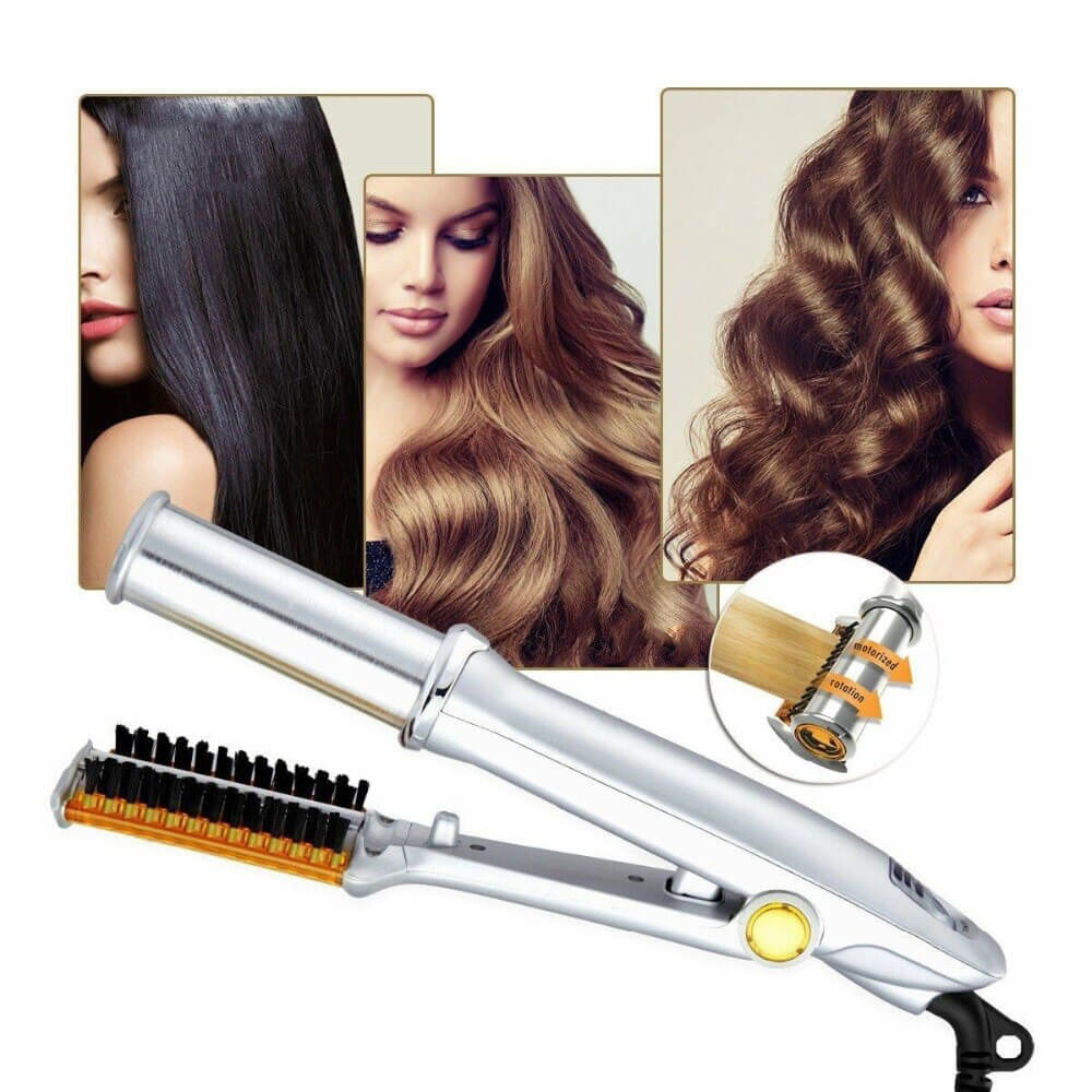 Dual-Function Rotating Barrel Hair Tool with Ionic Bristles for Curls and Smooth Styles | Ceramic Heated Styling Wand with Auto Shutoff for