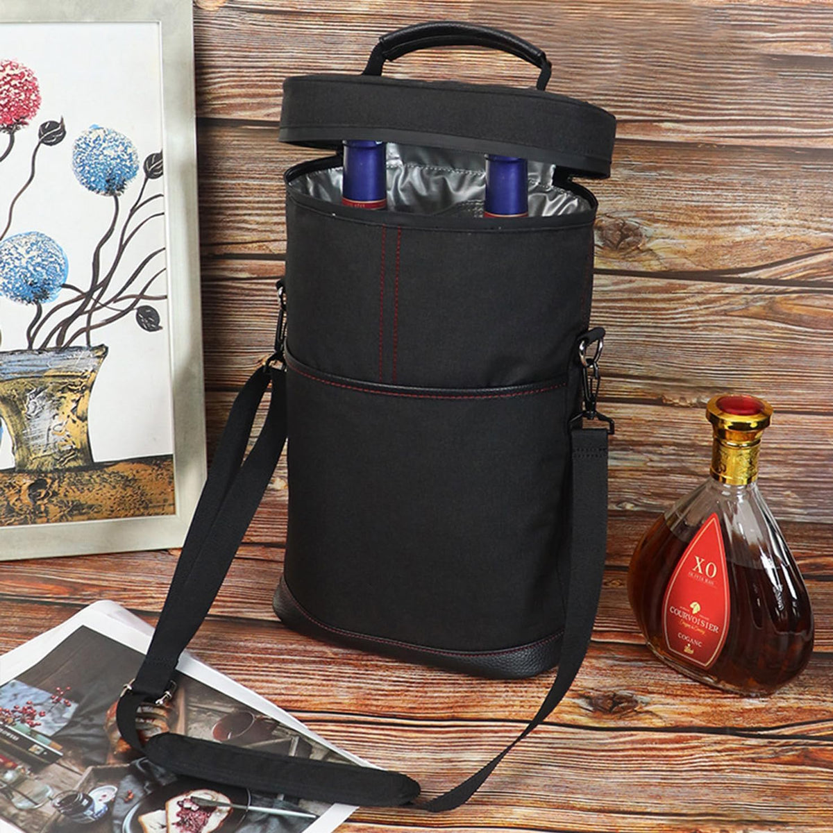 Padded Two-Bottle Wine Carrier Bag with Shoulder Strap for Picnics Parties Outdoor Travel Beach Dinner Events Wine Tastings Gifts