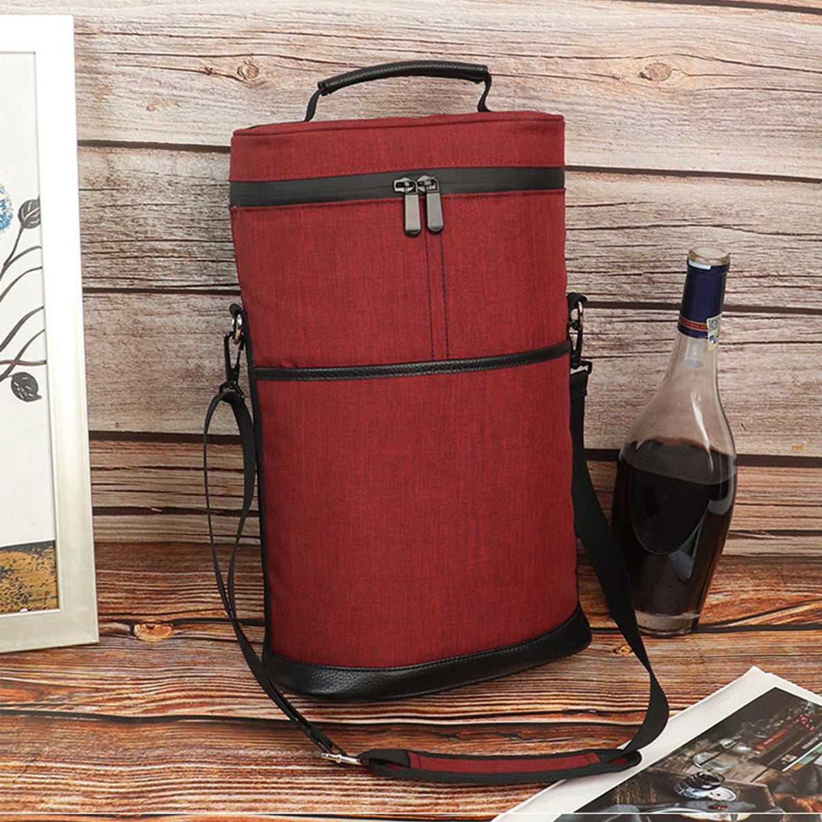 Padded Two-Bottle Wine Carrier Bag with Shoulder Strap for Picnics Parties Outdoor Travel Beach Dinner Events Wine Tastings Gifts