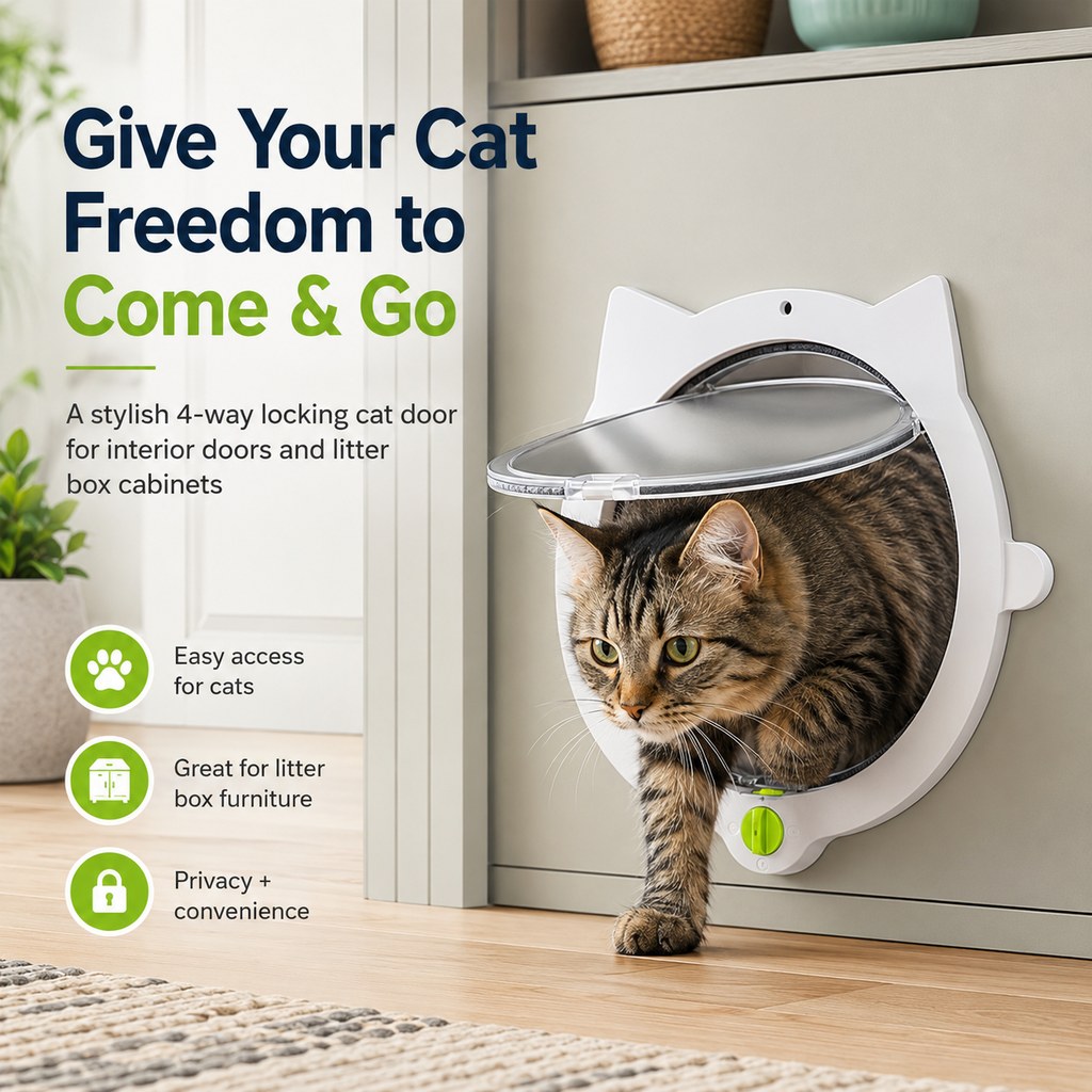 Ortekor 4-Way Locking Interior Cat Door for Litter Box Cabinets & Rooms - Private Access Without Door Scratching