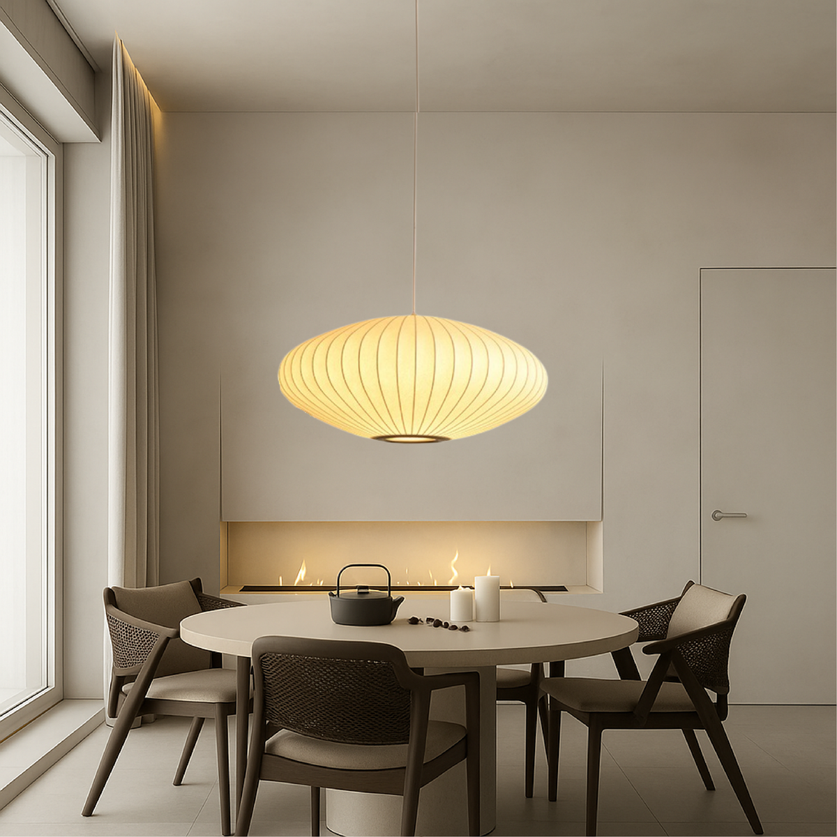 Sculptural Fabric Pendant Light with Soft LED Glow for Dining Room, Kitchen Island & Bar – Adjustable Height Modern Hanging Ceiling Fixture