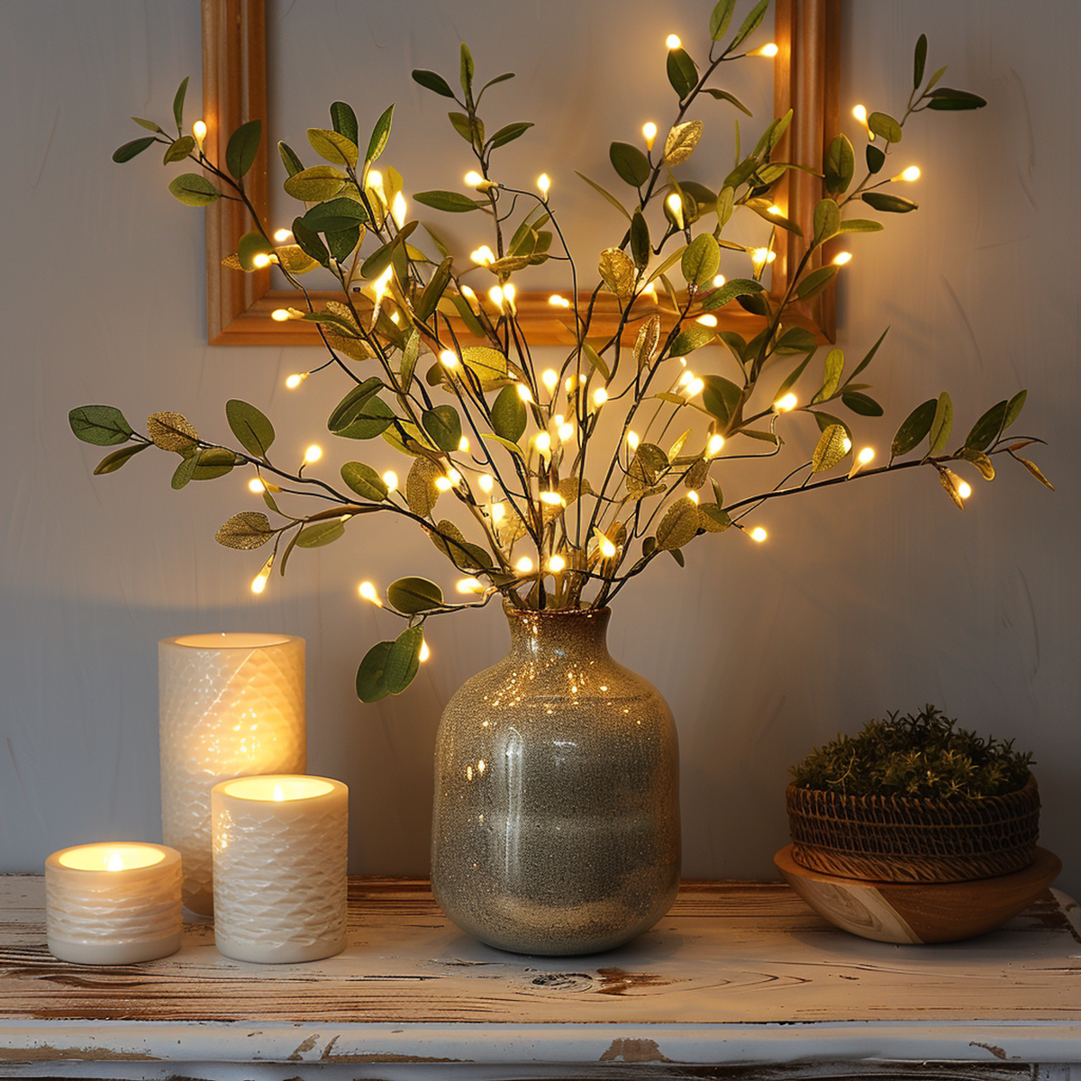 Battery Powered LED Twig Lights 28 Inch Bendable Olive Stem 120 Warm White Bulbs for Vases Centerpieces Living Room Bedroom Decor