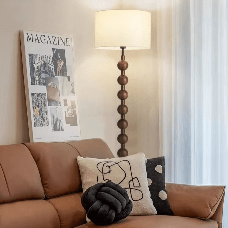 Tall Wooden Standing Lamp with Natural Fabric Shade 67 Inch for Bedroom Living Room Corner Reading Cozy Ambient Light Sculptural Base Modern