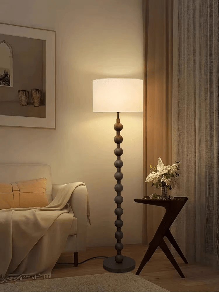 Tall Wooden Standing Lamp with Natural Fabric Shade 67 Inch for Bedroom Living Room Corner Reading Cozy Ambient Light Sculptural Base Modern