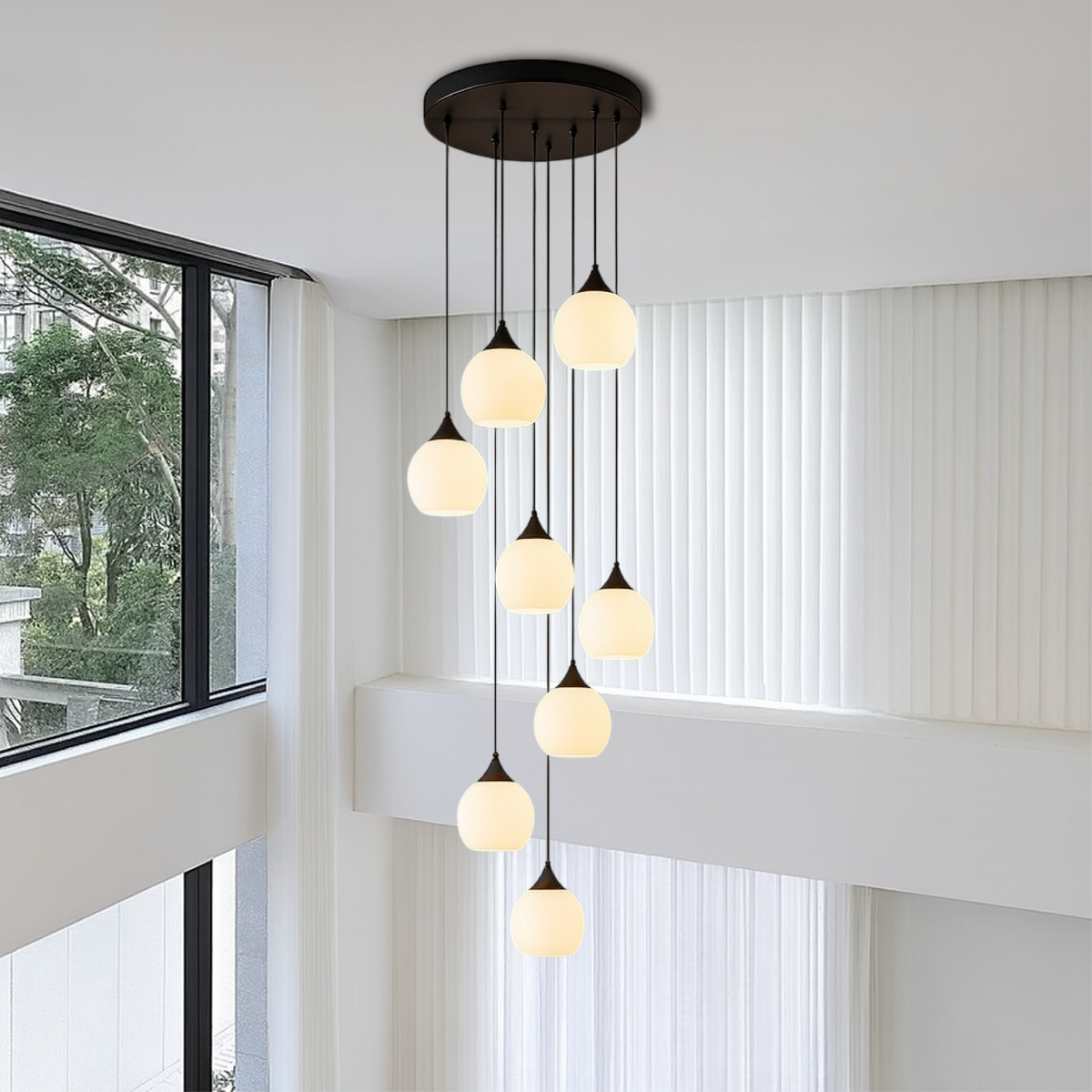 Multi-Drop Glass Globe Stairwell Fixture with Height-Adjustable Cable System for Vertical Spaces Black LED Illumination Mezzanine Entryway F