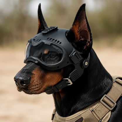 Ortekor K9 Tactical-Style Dog Helmet with Goggles for Hiking & Outdoor Training - Helps Shield Eyes from Wind, Dust & Trail Debris