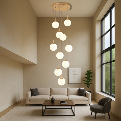 10-Light Cascading Glass Globe Chandelier 79 in Drop 3000K for Stairwell Foyer High Ceiling Modern Vertical Lighting Adjustable Suspension H