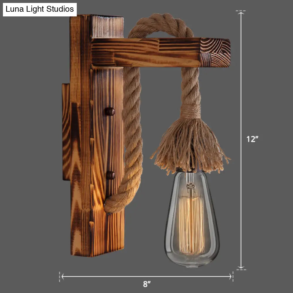 Rustic Wood Wall Sconce with Metal Cage and Rope Accent for Bedroom, Hallway, Living Room – E26 Socket Indoor Lighting Fixture