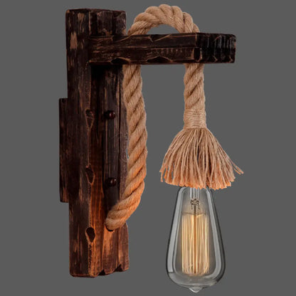 Rustic Wood Wall Sconce with Metal Cage and Rope Accent for Bedroom, Hallway, Living Room – E26 Socket Indoor Lighting Fixture