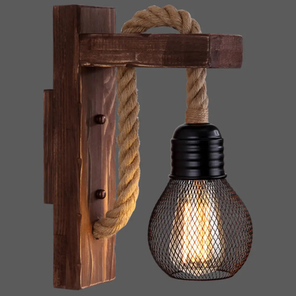 Rustic Wood Wall Sconce with Metal Cage and Rope Accent for Bedroom, Hallway, Living Room – E26 Socket Indoor Lighting Fixture