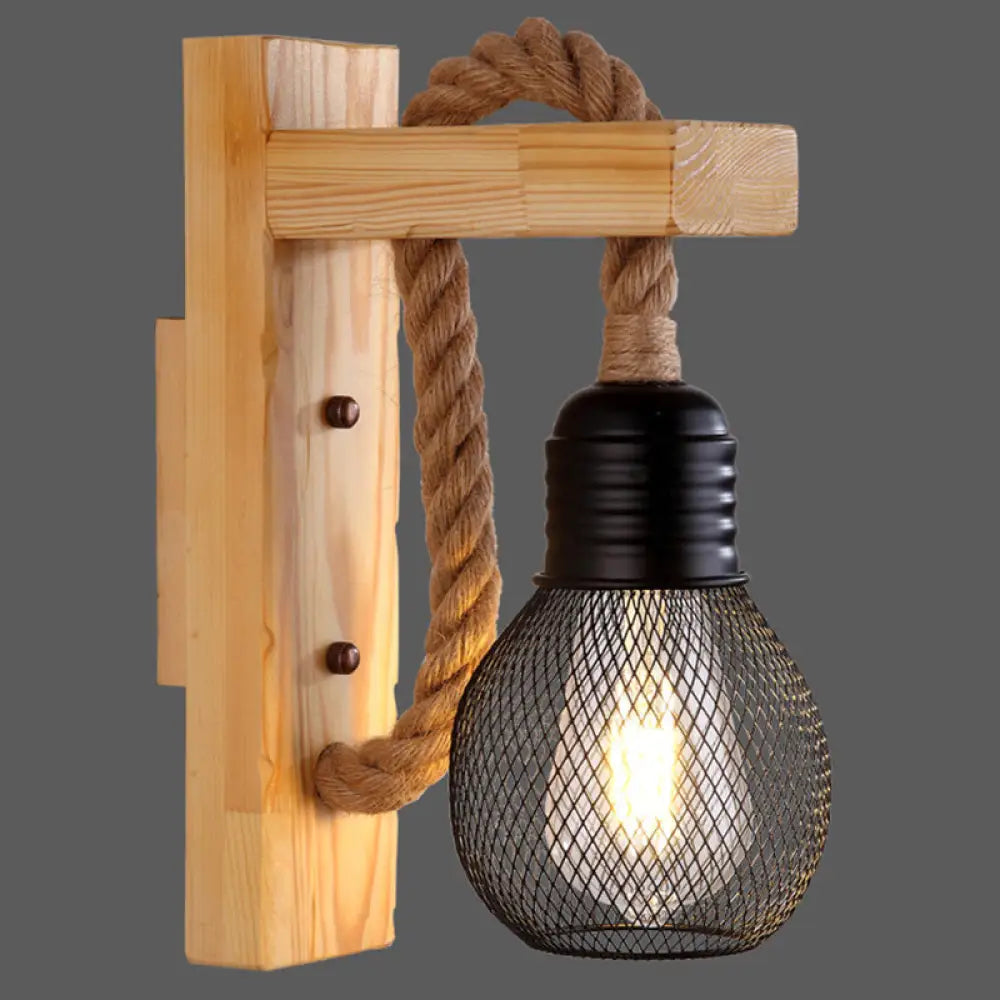 Rustic Wood Wall Sconce with Metal Cage and Rope Accent for Bedroom, Hallway, Living Room – E26 Socket Indoor Lighting Fixture