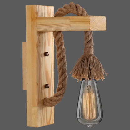 Rustic Wood Wall Sconce with Metal Cage and Rope Accent for Bedroom, Hallway, Living Room – E26 Socket Indoor Lighting Fixture