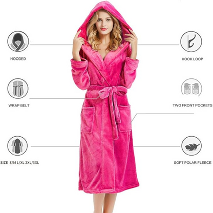 Hooded Fleece Robe for Women Long Soft Plush Loungewear with Pockets Cozy Warm Bathrobe for Lounging Relaxing Sleepwear Gift for Her Cold We