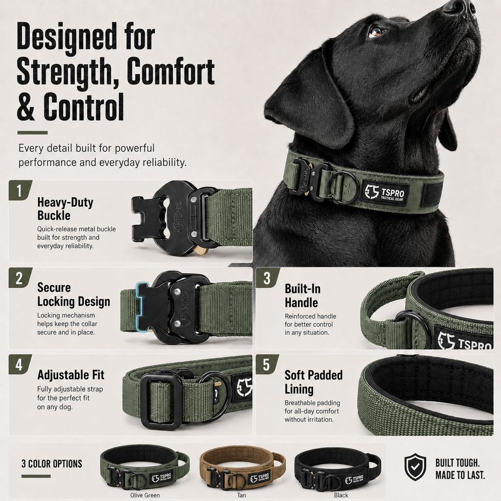 Ortekor Large Dog Tactical Collar with Control Handle - Secure Grip for Walks, Training & Strong Pullers