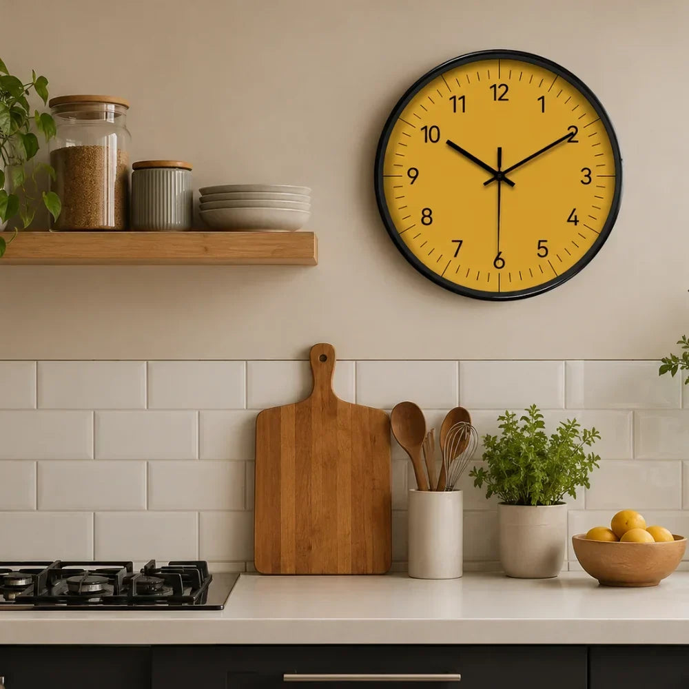 Round Wall Clock 10-14 Inch Silent Sweep Yellow Minimalist Analogue for Bedroom Living Room Office Home Decor