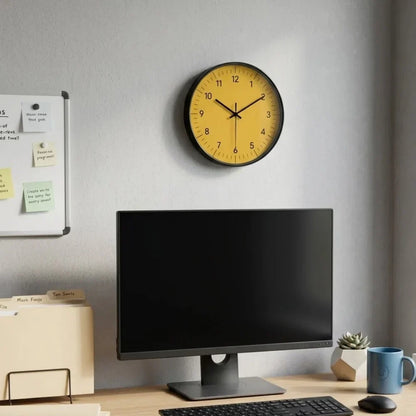 Round Wall Clock 10-14 Inch Silent Sweep Yellow Minimalist Analogue for Bedroom Living Room Office Home Decor