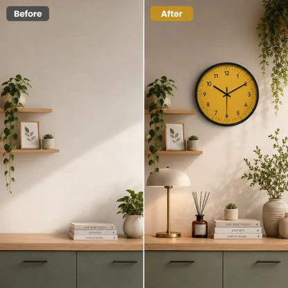 Round Wall Clock 10-14 Inch Silent Sweep Yellow Minimalist Analogue for Bedroom Living Room Office Home Decor