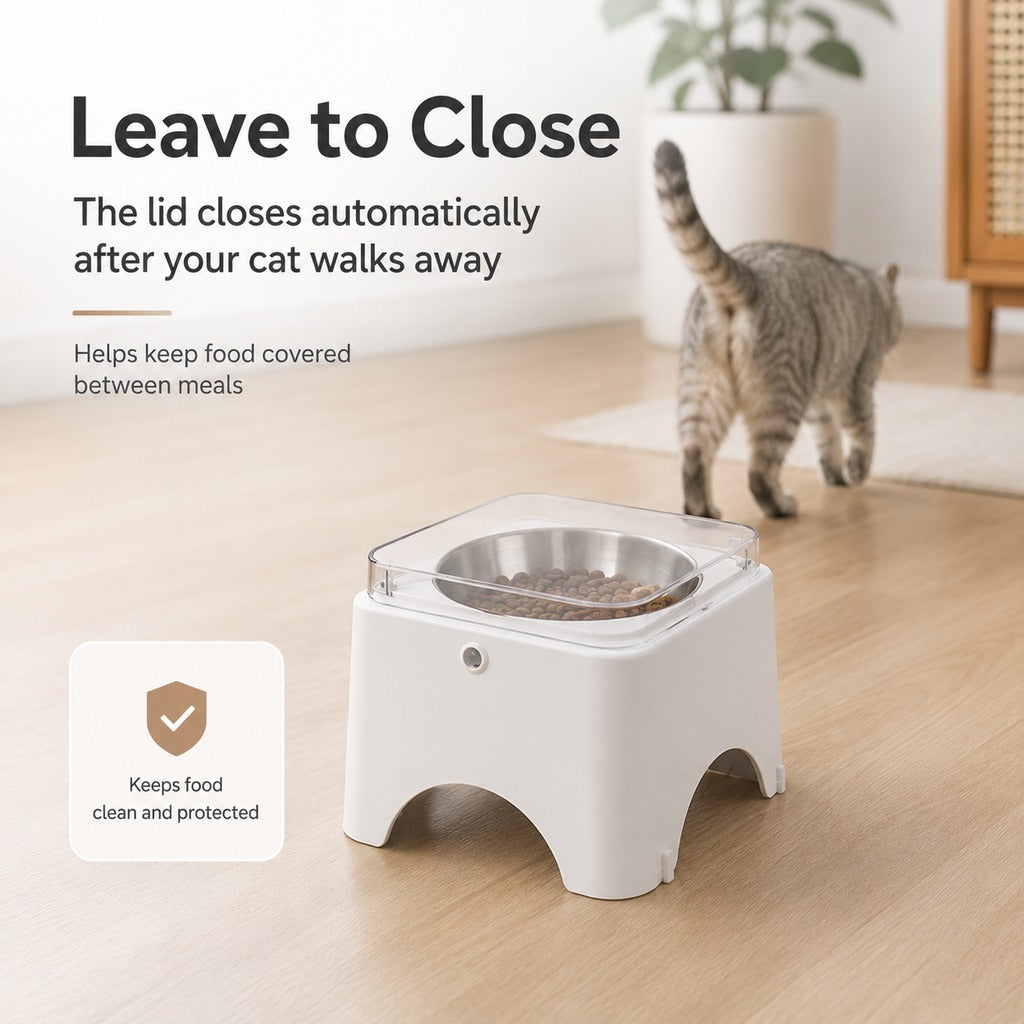 Ortekor Smart Auto-Opening Covered Cat Bowl for Cleaner Indoor Feeding - Rechargeable Dustproof Cat Feeder