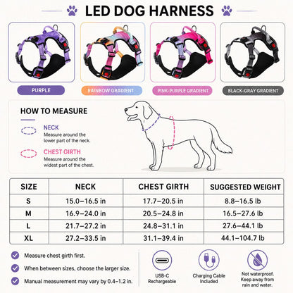 Ortekor Rechargeable LED Dog Harness for Night Walks - Back-Panel Glow & Reflective Webbing for Better Low-Light Visibility