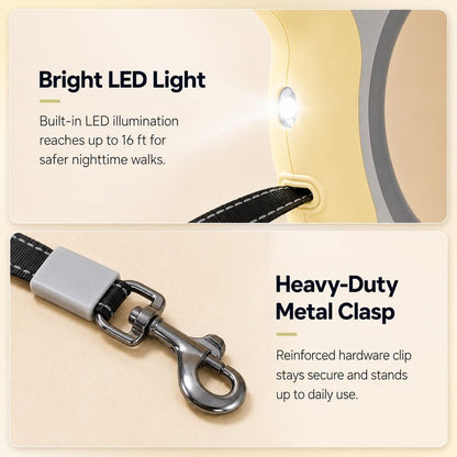 Ortekor Retractable Dog Leash for Night Walks & Daily Walks - Optional LED Light, 16ft Reflective Tape & One-Touch Brake for Better Visibility and Control