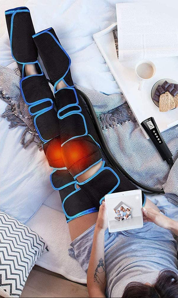 Masajeador de piernas por compresión de aire secuencial con rodilleras térmicas: sistema de envoltura de cobertura completa para muslos, pantorrillas y pies para la recuperación muscular y