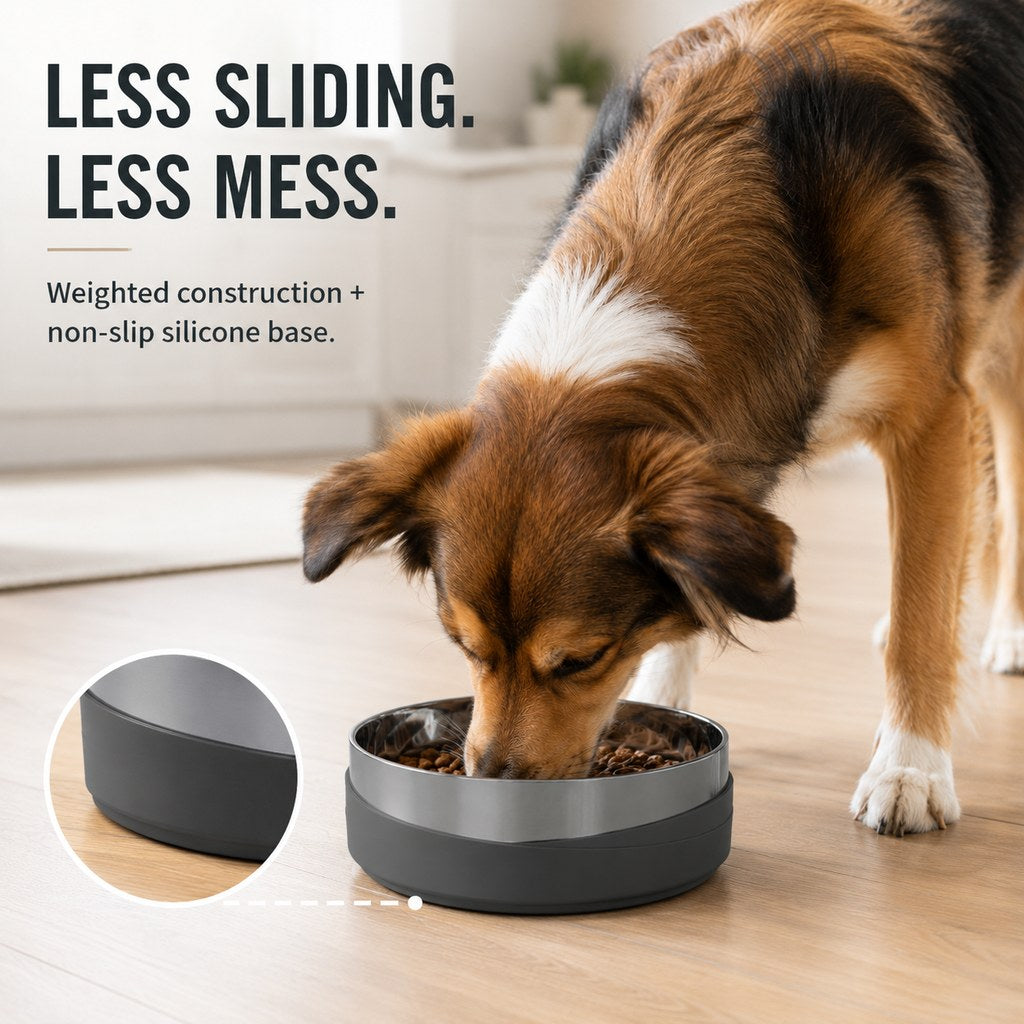 Ortekor Weighted Non-Slip Stainless Steel Dog & Cat Bowl for Tile & Hardwood Floors - Helps Reduce Sliding & Mealtime Mess