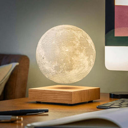 Magnetic Floating Moon Night Light 6 Inch 3D Surface Rotating Lunar Sphere Wood Stand Ambient Bedroom Lamp Dual Color LED Glow