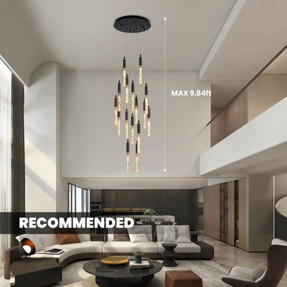 Cascading Crystal LED Ceiling Light 20 in Wide Adjustable Drop to 118 in Black Metal Frame Entryway Stairwell Multi-Story Fixture Dimmable R