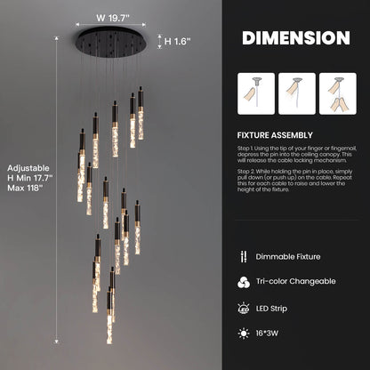 LED Crystal Spiral Drop Light for Two-Story Foyer & Staircase - Adjustable 118 in Height, Black Finish, Remote Control, Multi-Tier Waterfall