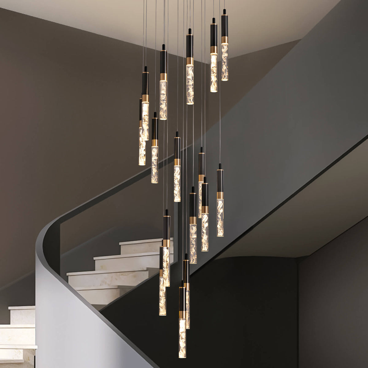 LED Crystal Spiral Drop Light for Two-Story Foyer & Staircase - Adjustable 118 in Height, Black Finish, Remote Control, Multi-Tier Waterfall
