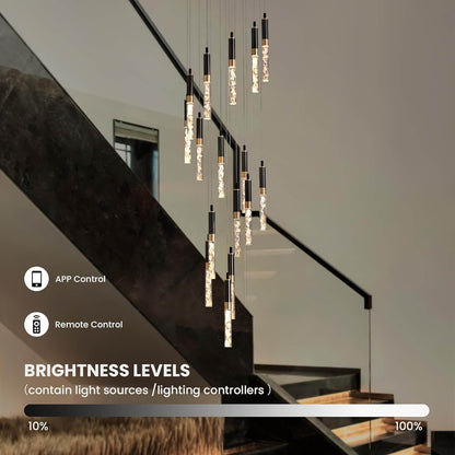 LED Crystal Spiral Drop Light for Two-Story Foyer & Staircase - Adjustable 118 in Height, Black Finish, Remote Control, Multi-Tier Waterfall