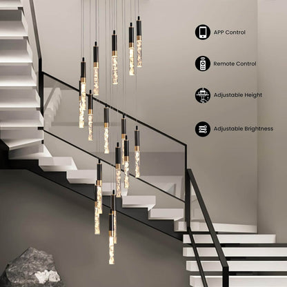 LED Crystal Spiral Drop Light for Two-Story Foyer & Staircase - Adjustable 118 in Height, Black Finish, Remote Control, Multi-Tier Waterfall