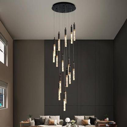 Cascading Crystal LED Ceiling Light 20 in Wide Adjustable Drop to 118 in Black Metal Frame Entryway Stairwell Multi-Story Fixture Dimmable R