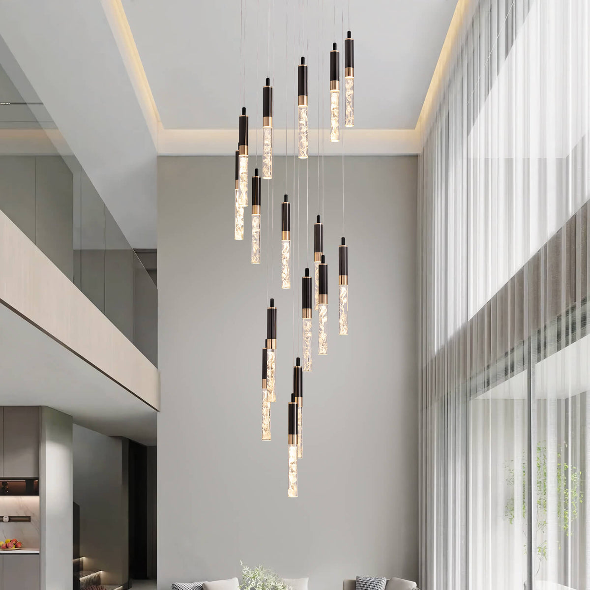 Cascading Crystal LED Ceiling Light 20 in Wide Adjustable Drop to 118 in Black Metal Frame Entryway Stairwell Multi-Story Fixture Dimmable R