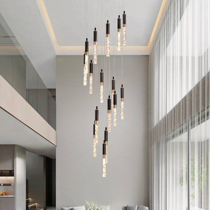 LED Crystal Spiral Drop Light for Two-Story Foyer & Staircase - Adjustable 118 in Height, Black Finish, Remote Control, Multi-Tier Waterfall