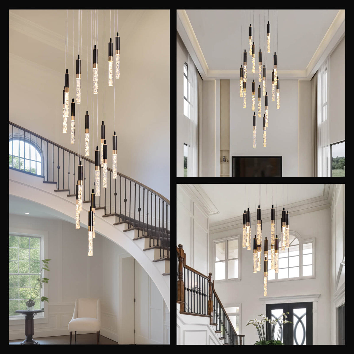 LED Crystal Spiral Drop Light for Two-Story Foyer & Staircase - Adjustable 118 in Height, Black Finish, Remote Control, Multi-Tier Waterfall