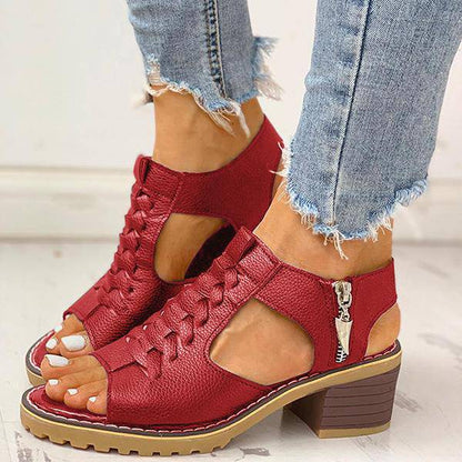 Women's Open-Toe Block-Heel Sandals with Side Zipper & Cutout Design – Dress Casual Heels for Summer Events