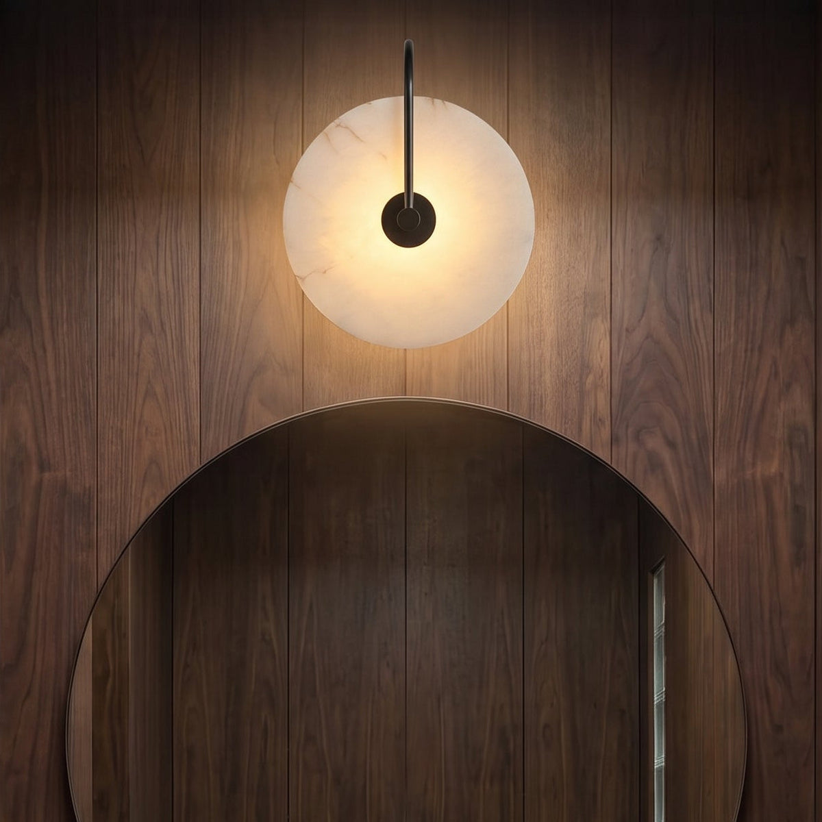 Natural Alabaster LED Wall Sconce – Stone Circle Light with Black or Gold Frame – Warm Glow Accent Lamp for Bedroom Hallway Living Room