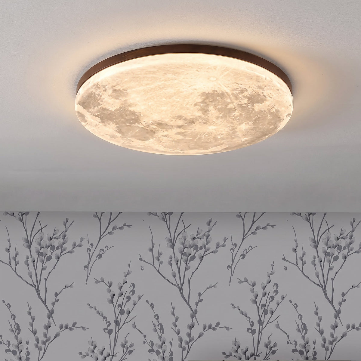 Round LED Ceiling Light Fixture with Dimmer – Wood Grain Finish Flush Mount for Bedroom & Living Room