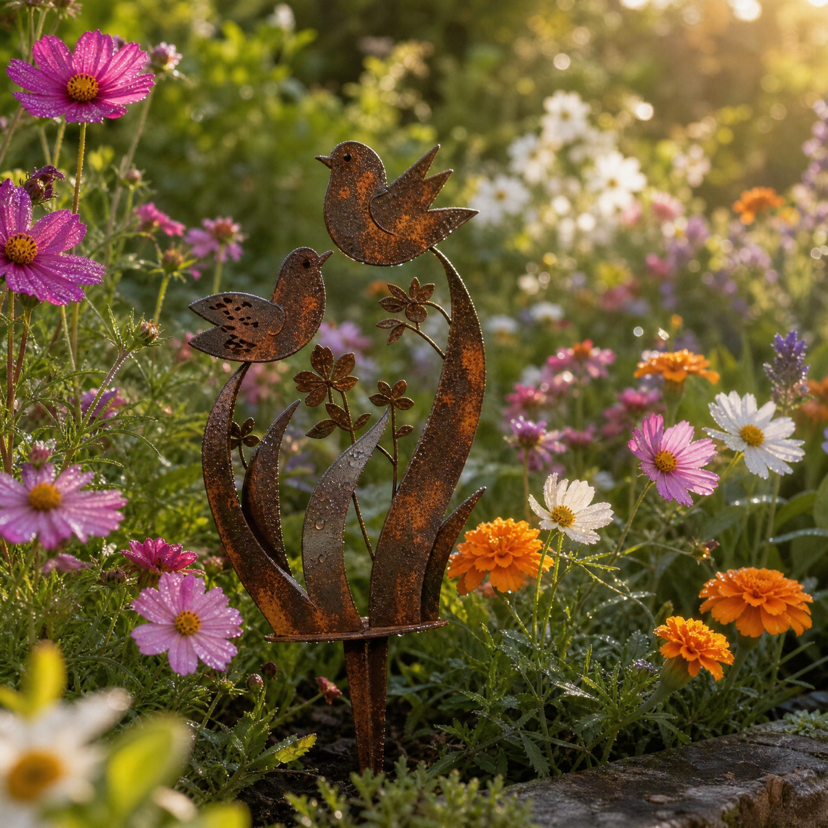 Metal Bird Silhouette Garden Stake with Wildflowers for Flower Beds and Planters Outdoor Yard Art Decoration