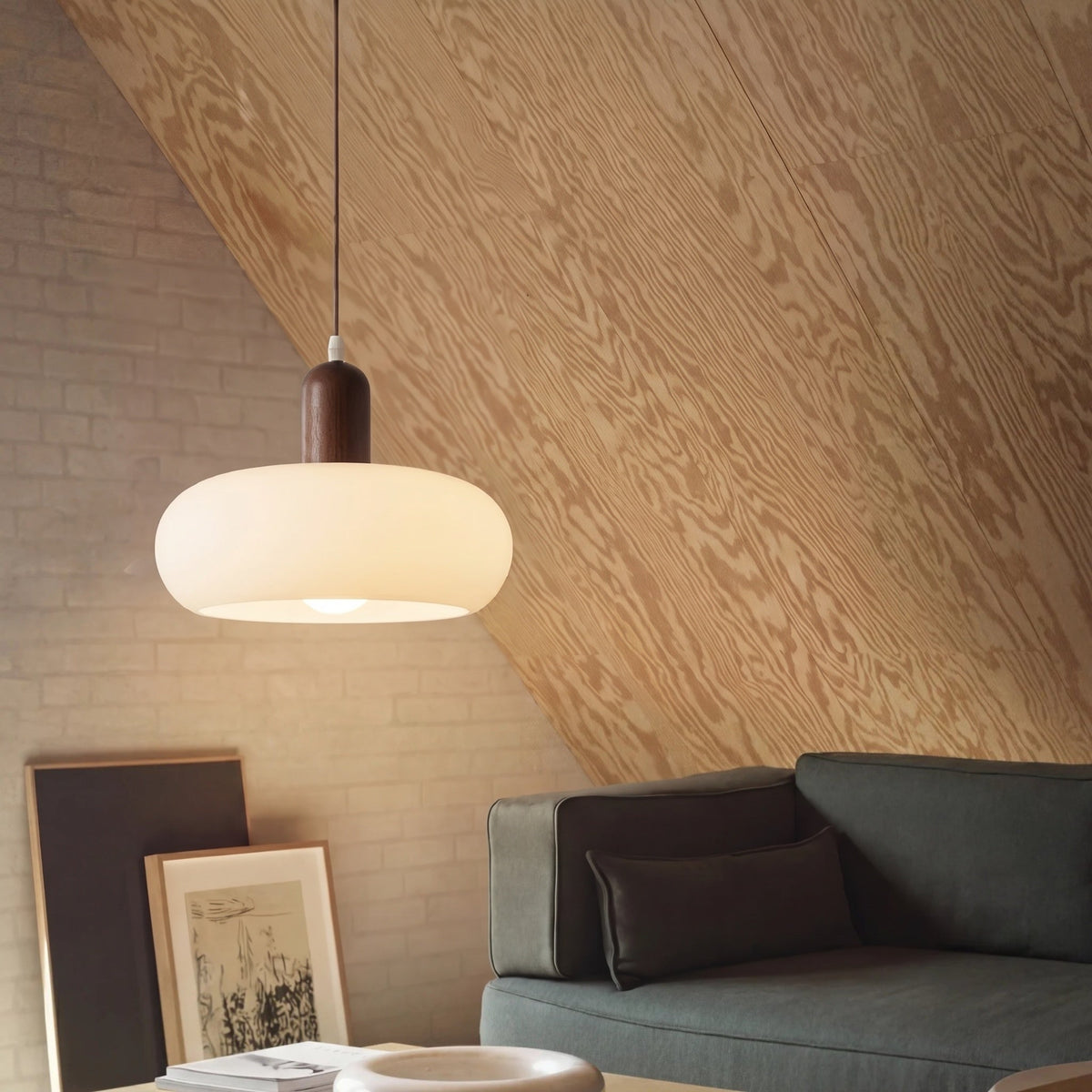 Pendant Light Ceiling Fixture with Cream Shade and Wood Accent for Dining Room, Kitchen Island, Bar Area & Living Space