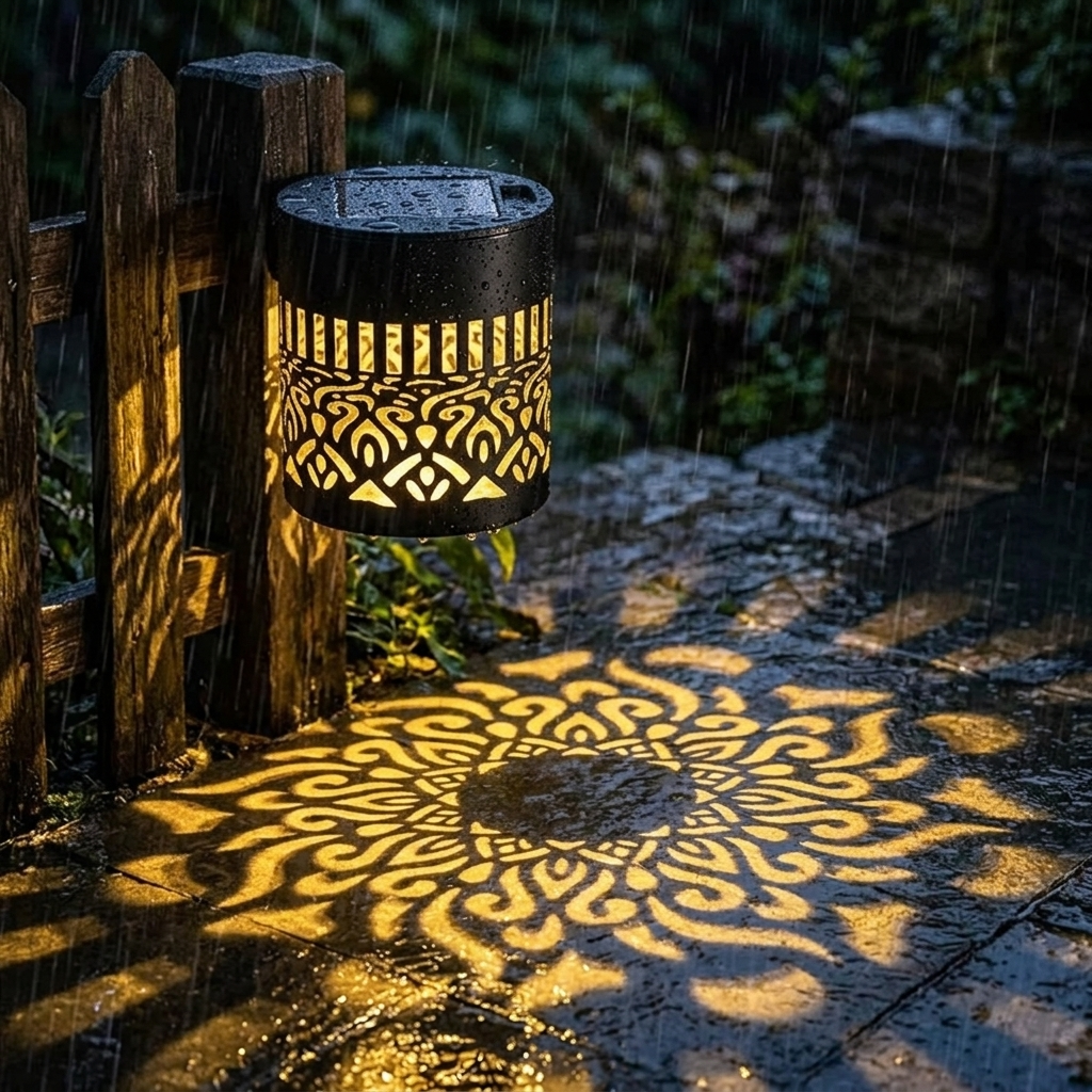 Solar-Powered Decorative Iron Light with Mandala Shadow Projection for Outdoor Walls, Patios, Gardens & Fences — Automatic Dusk Sensor, Weat