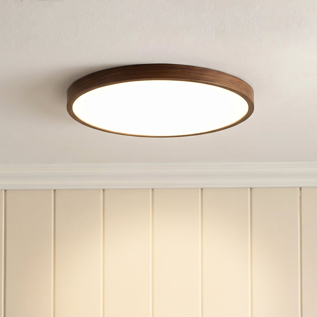 Wooden Flush Mount Ceiling Light Fixture – Natural Dark Grain Round LED Ceiling Lamp for Living Room Dining Room – Scandinavian Nordic