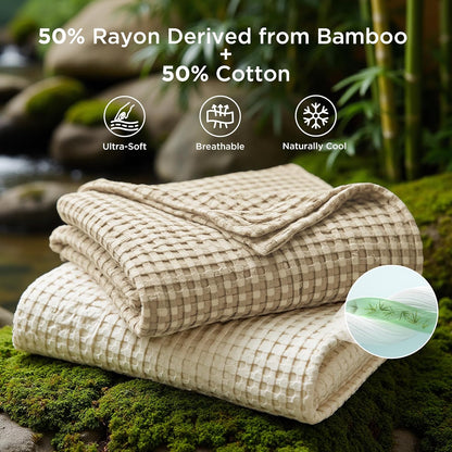 Cozy Haven | Manta de nido de abeja refrescante para cama queen, de algodón y bambú ligero | Manta de verano suave para personas calurosas