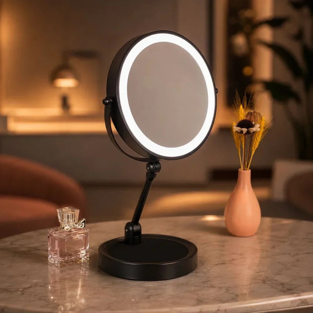 Dual-Sided Vanity Mirror 10x Magnification LED Rechargeable Touch Control Tabletop Cosmetic Mirror 360° Rotating Desktop for Makeup