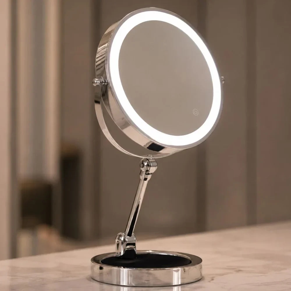 Dual-Sided Vanity Mirror 10x Magnification LED Rechargeable Touch Control Tabletop Cosmetic Mirror 360° Rotating Desktop for Makeup